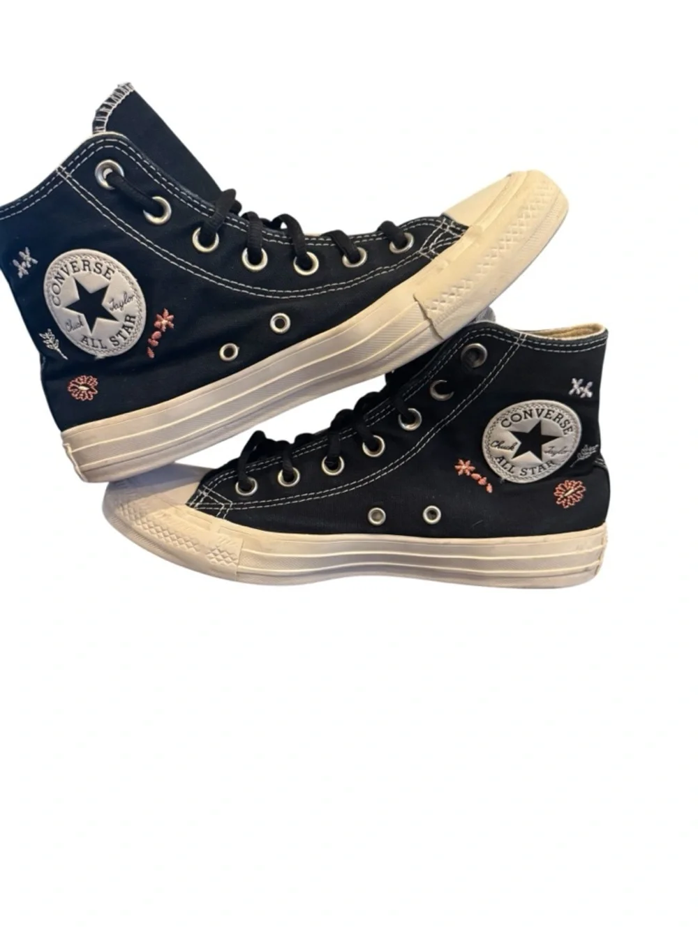 Converse all stars black embroidered flowers  hi top sneakers tennis shoes 7.5